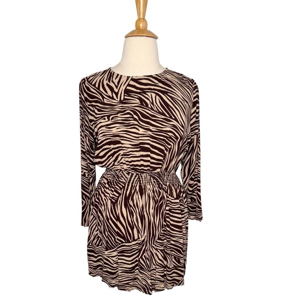 H&M Women's Zebra Print Long Sleeve Cinched Waist Mini Dress Size 14
